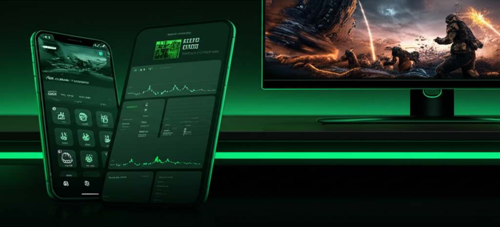 ALPHA IT LTD — premium mobile app UI and PC game preview on a dark, cinematic desk with emerald accents